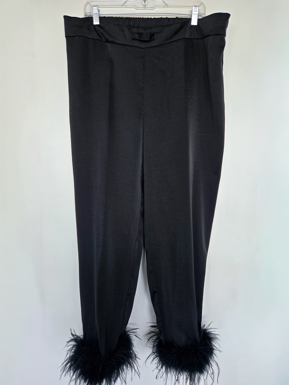 Nadine Merabi Darcie Black Satin Feather Trim Pants Size XXL